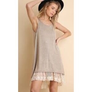 Umgee Tank Tunic Dress Taupe Beige Floral Lace Hem Layers Romantic Boho Cottage